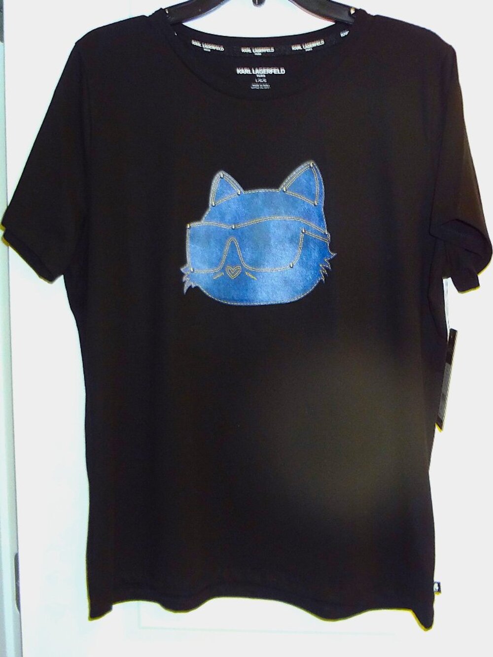 NWT-Kark Lagerfeld Black T-Shirt with Blue Cat Design, Sz: L
